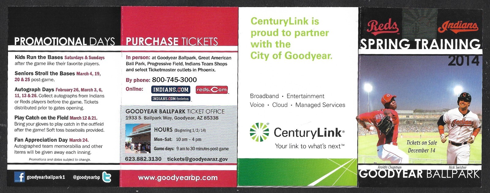 2014 REDS & INDIANS  CenturyLink  Spring Training  POCKET SCHEDULE  NM-MINT