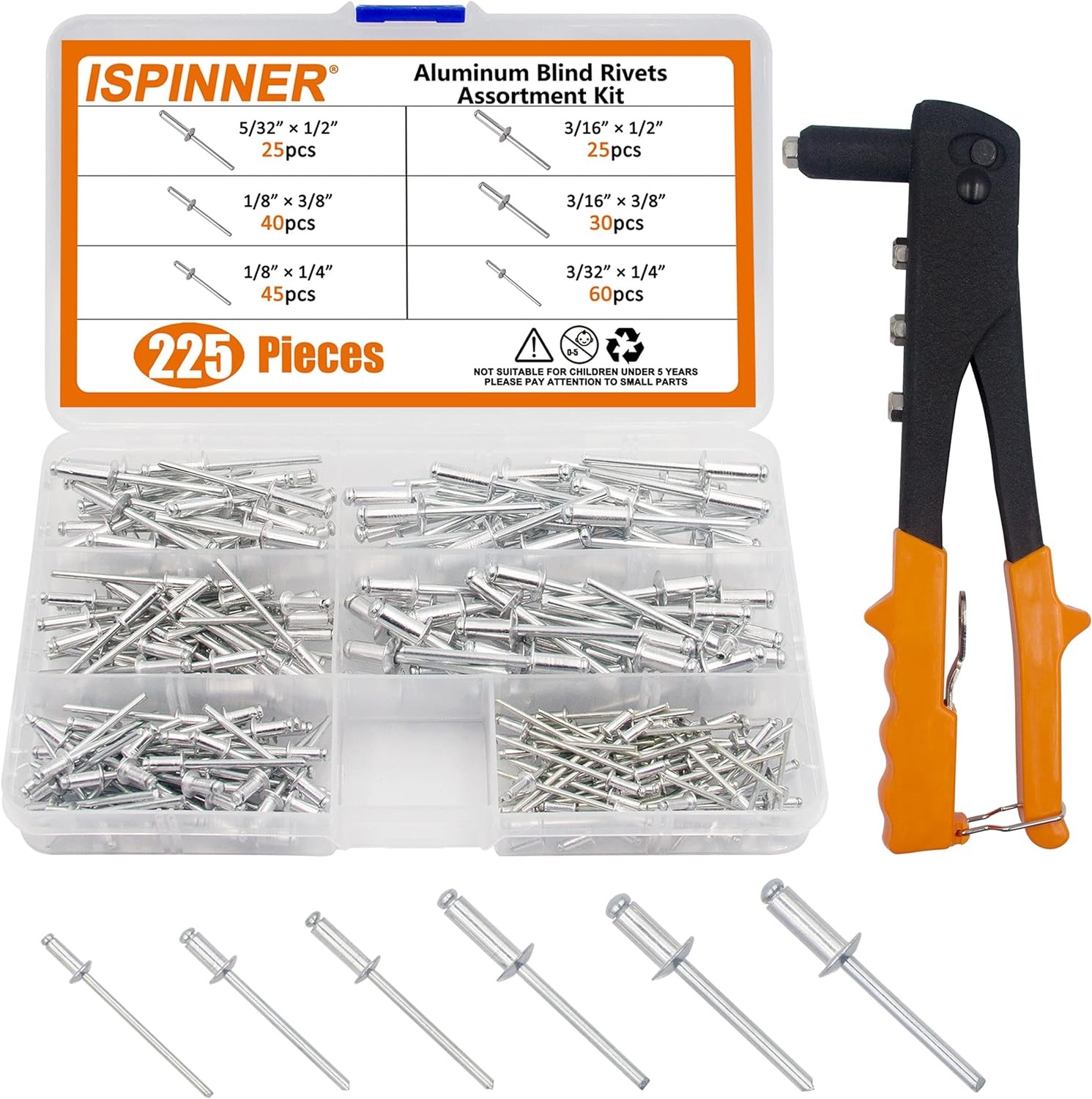 ISPINNER 225PCS Aluminum Blind Rivets Kit with Heavy Duty Hand Riveter 6 Sizes