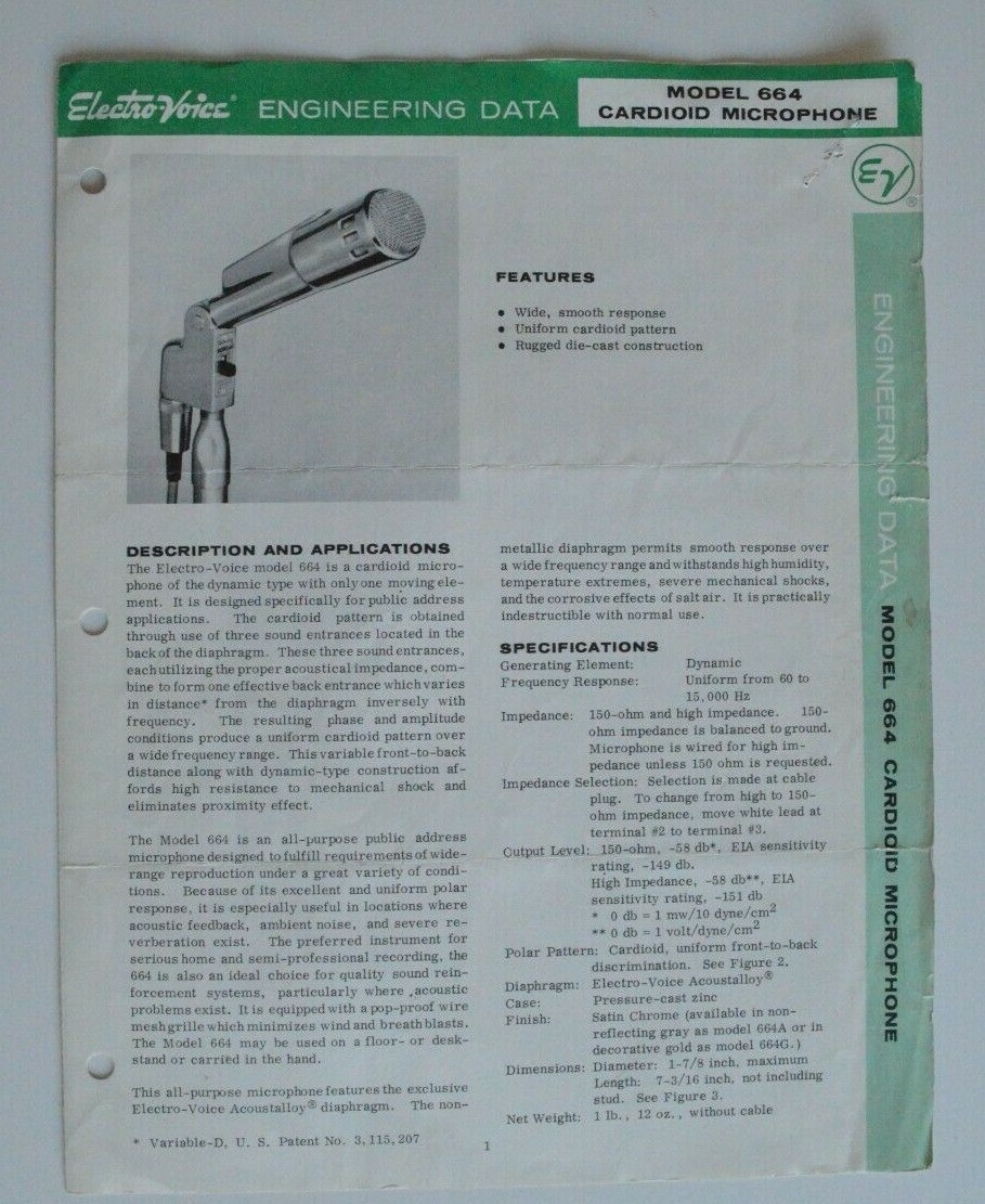 ELECTRO-VOICE model 664 cardioid microphone Engineering data brochure 1966