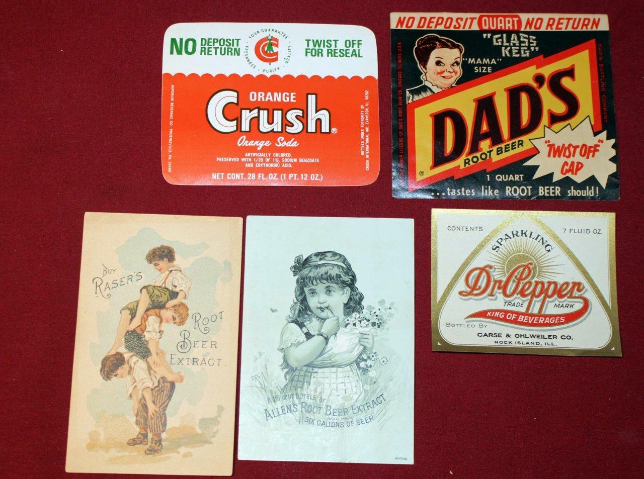 Vintage Lot Orange Crush Dr. Pepper Root Beer Labels & Extract Advertising Cards