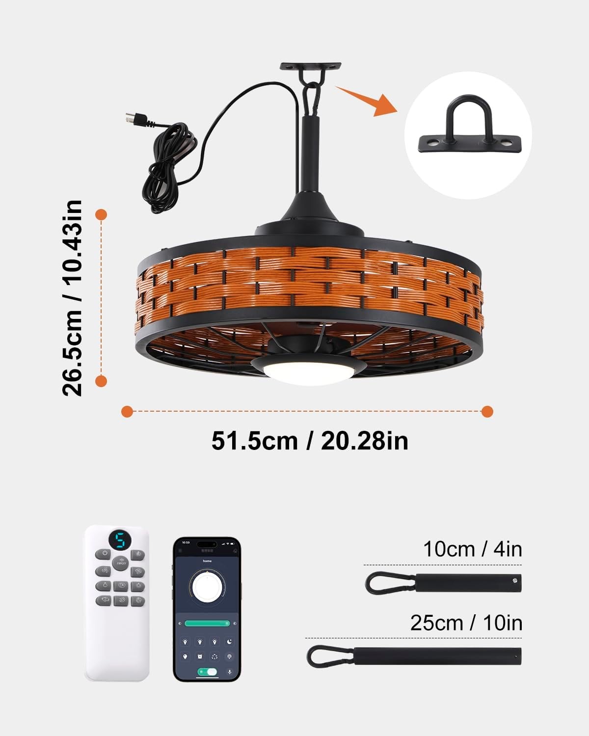 Bladeless Ceiling Fan with Light Remote,LED Ceiling Fans with App Control Patio