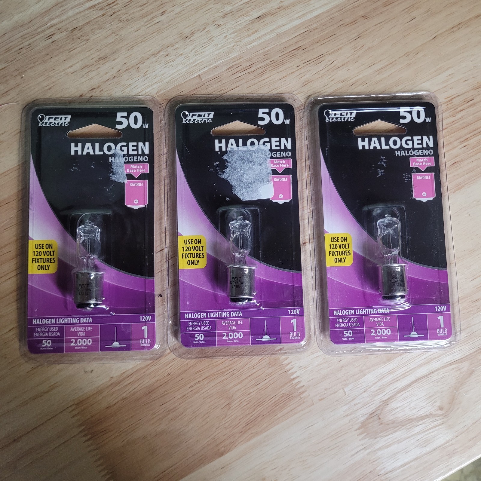 Lot Of 3 Feit Electric Halogen BA15d 50W 120V Bayonet Base Bulbs New Sealed