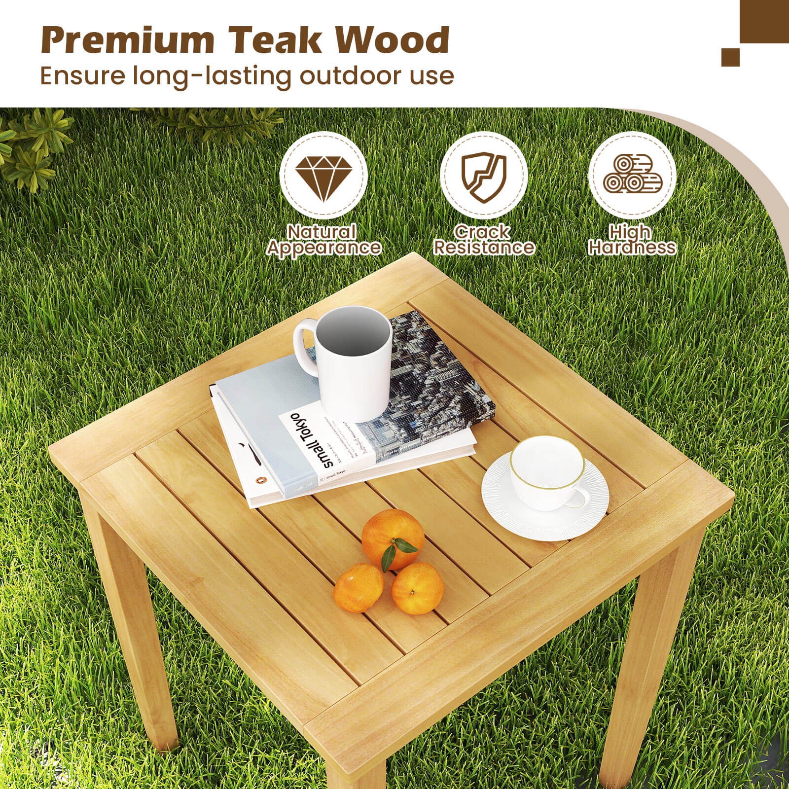 2 PCS Patio Nesting Table Teak Wood Outdoor Space Saving Design Square End Table