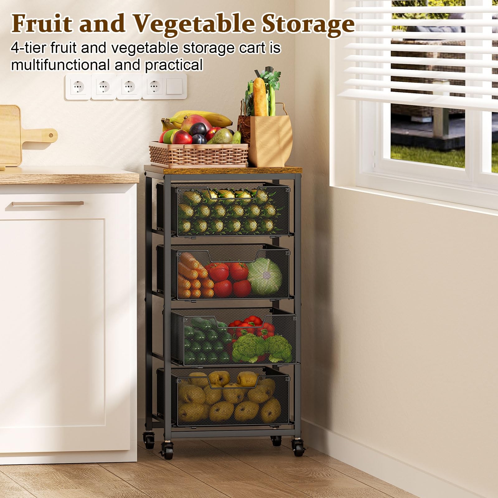Kitchen Rolling Cart with Drawers, 4-Tier Fruit Vegetable Storage Cart on Whe...