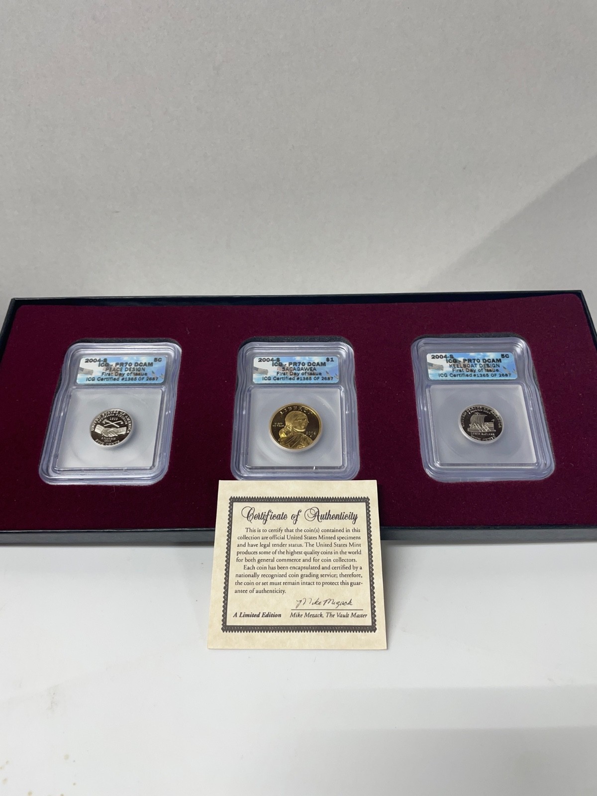 3 COIN SET 2004 S ICG PR70 DCAM FIRST DAY OF ISSUE KEELBOAT / SACAGAWEA / PEACE