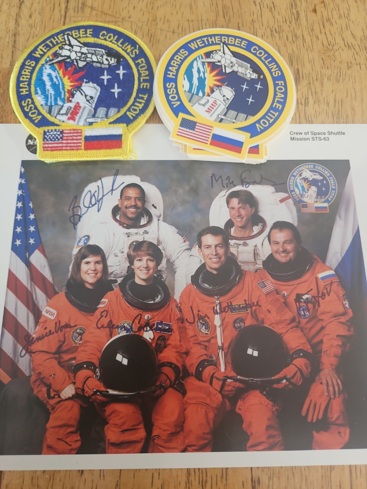 STS-63 Signed  Crew Photo,  16 Stickers, 2 Patches