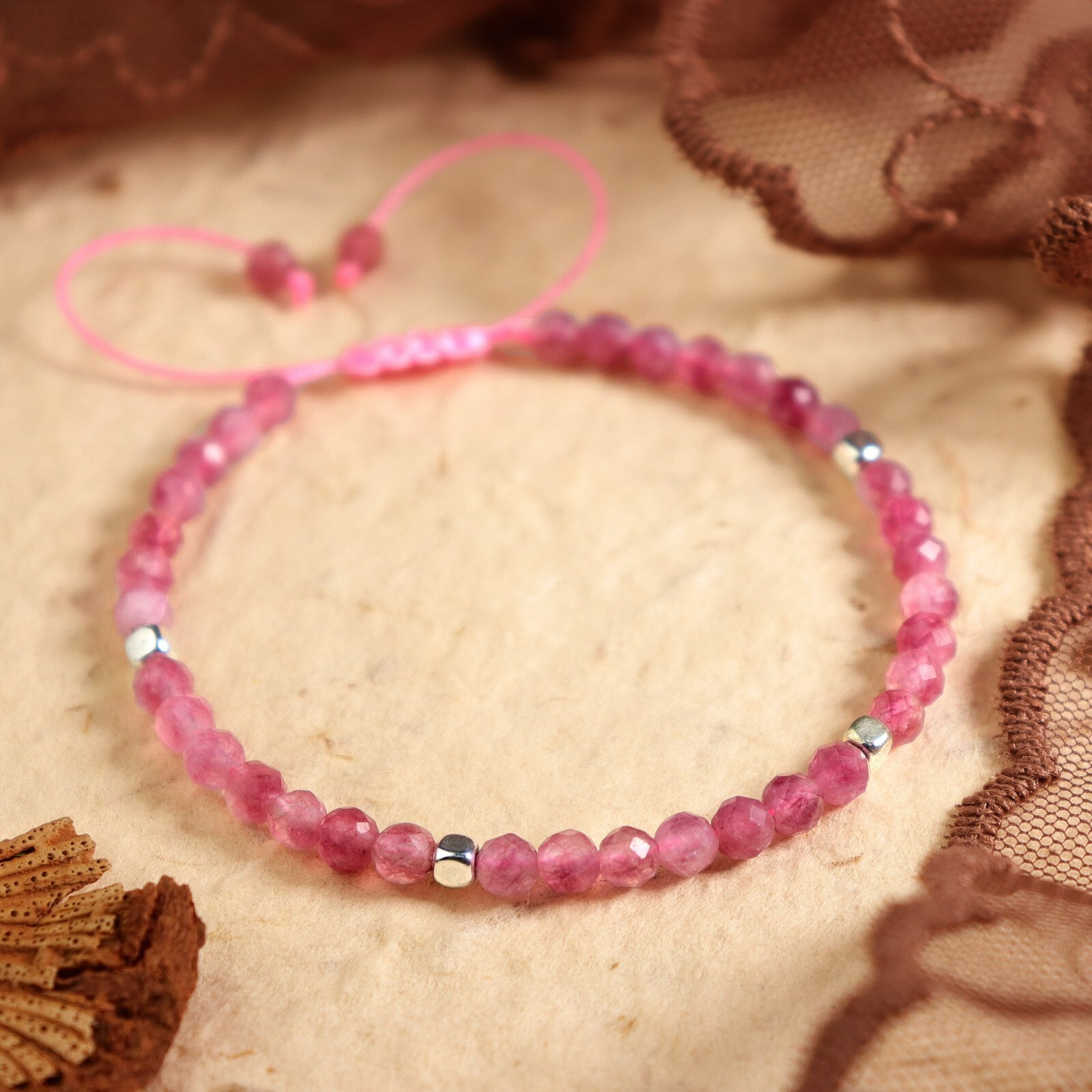 Natural Pink Tourmaline Tibetan Beads Energy Crystal Dainty Handmade Bracelet