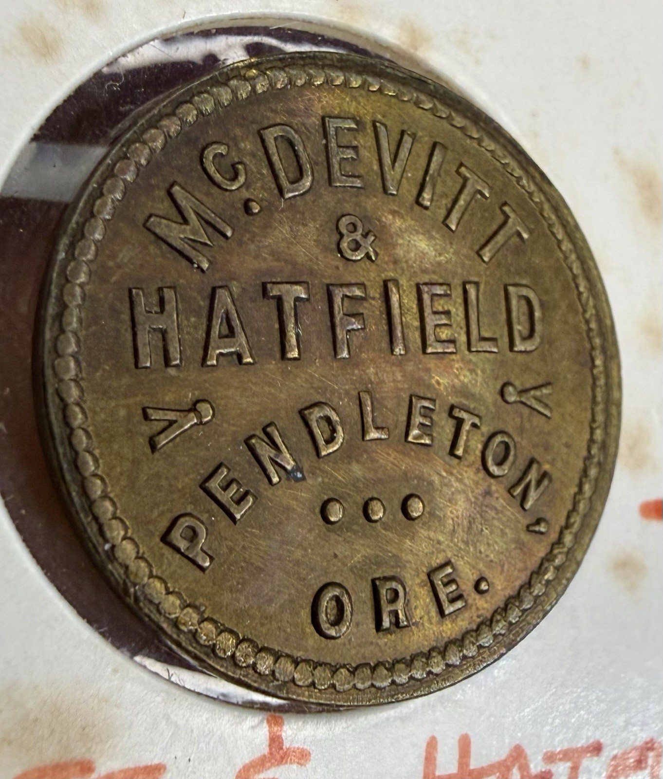 c. 1900s PENDLETON Oregon OR McDevitt & Hatfield Merchant G.F 5 Trade Token