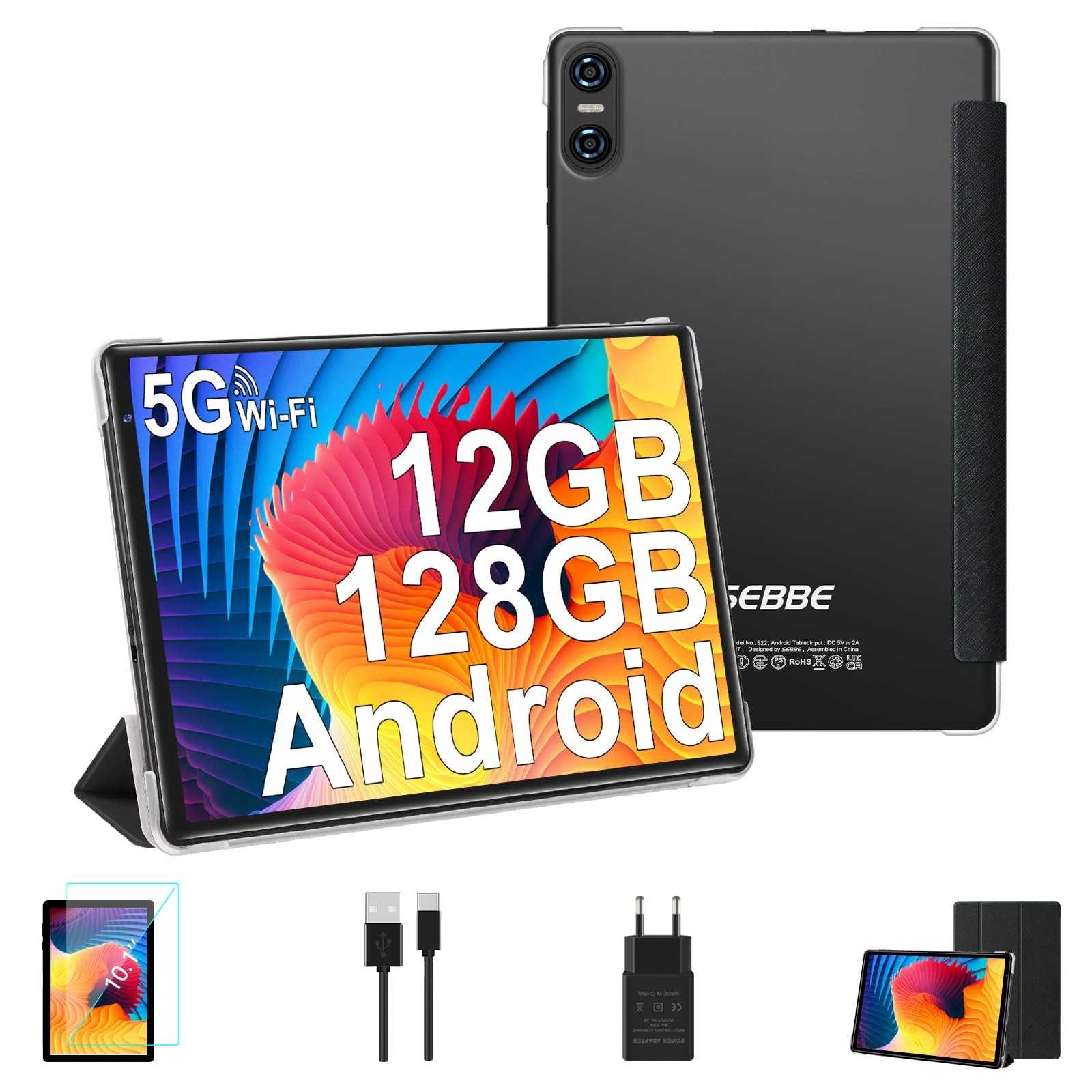 SEBBE 10 inch Tablet PC Gemini AI, 12GB RAM + 128GB ROM/TF 2TB, Black