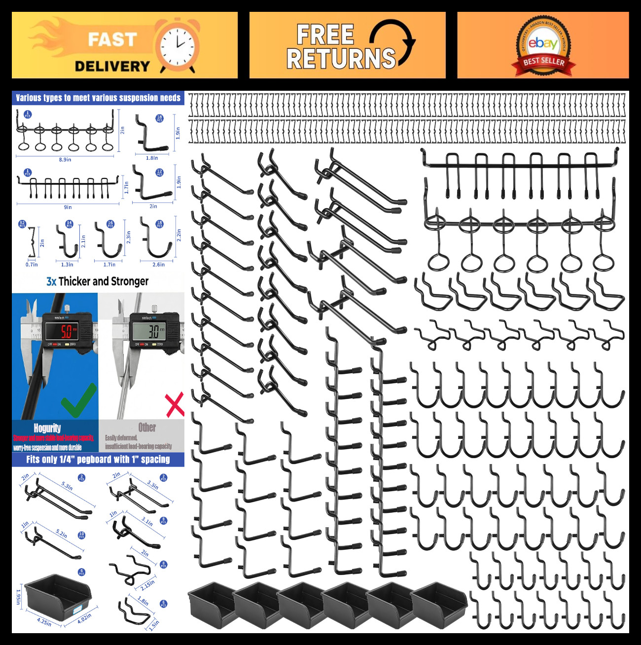 196 PCS Heavy Duty Pegboard Hooks Set - Extra Thick 1/4" Black Metal Storage Acc