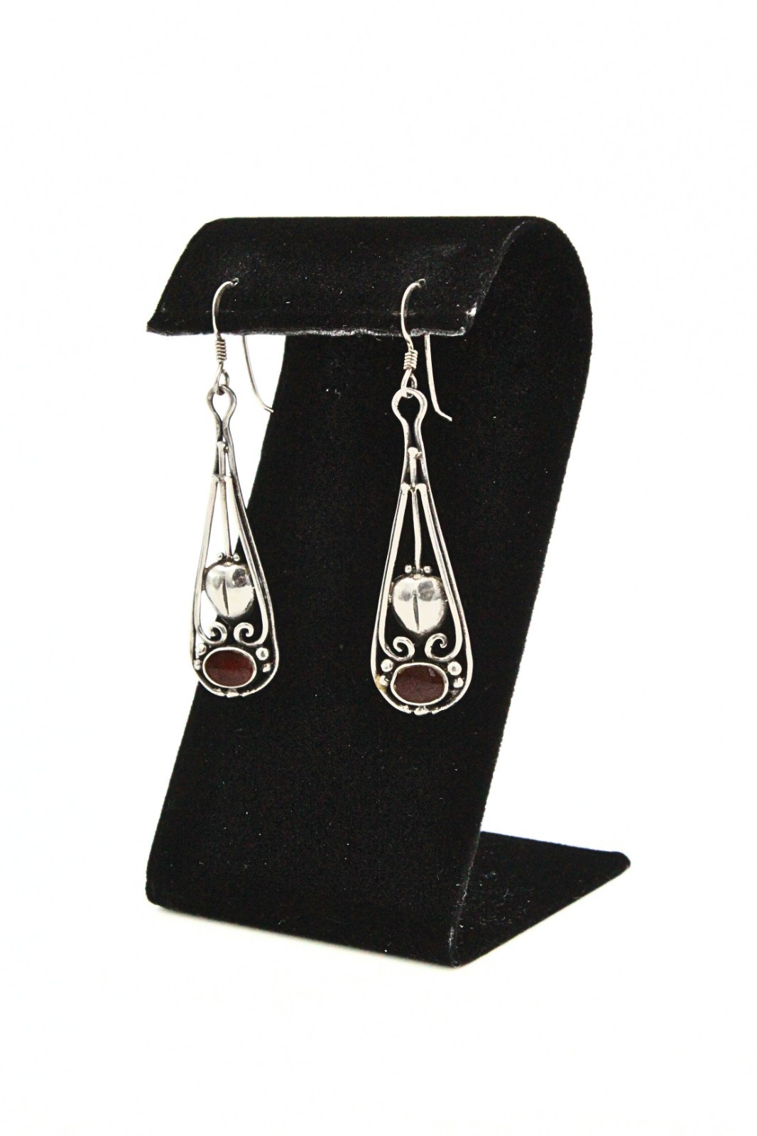 Graceful Signed Sterling Silver Cut Out Swirl Garnet Dangle Drop Earrings