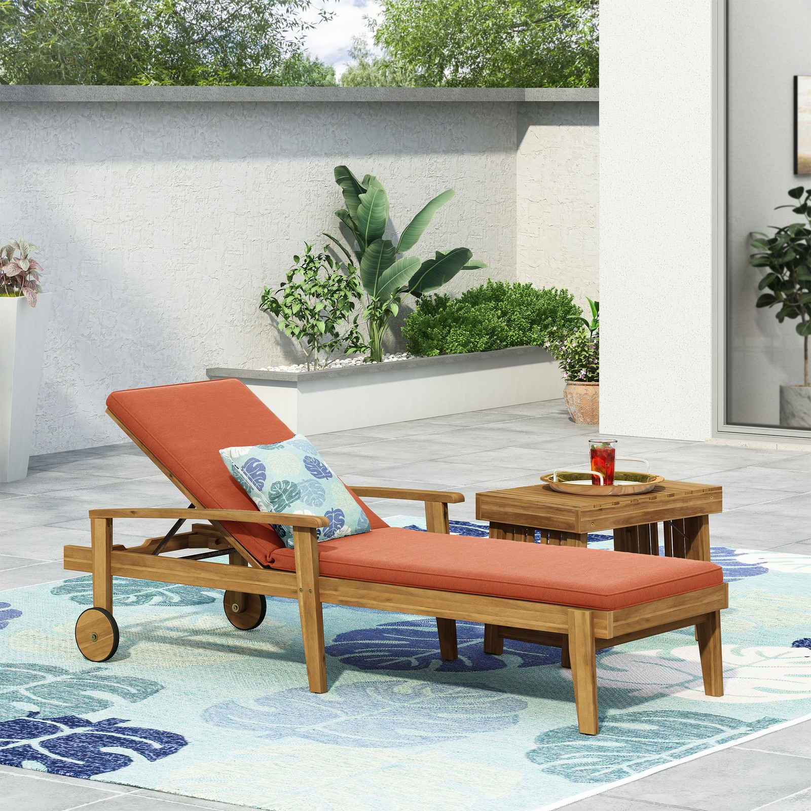 Chaise Lounge Chair w/ Adjustable Recliner & Water-Resistant Orange Cushions