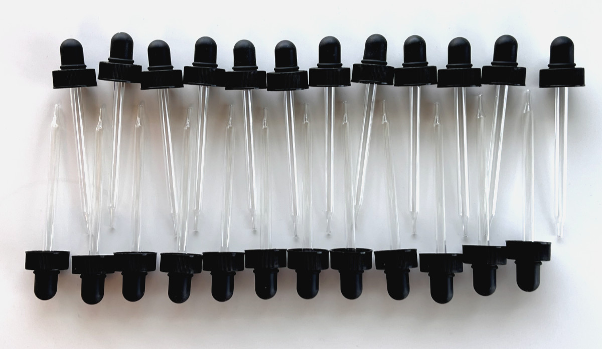 Black Dropper 24-400, Rubber Bulb, Glass Pipette 108 mm, Fits 4 oz, Lot of 25