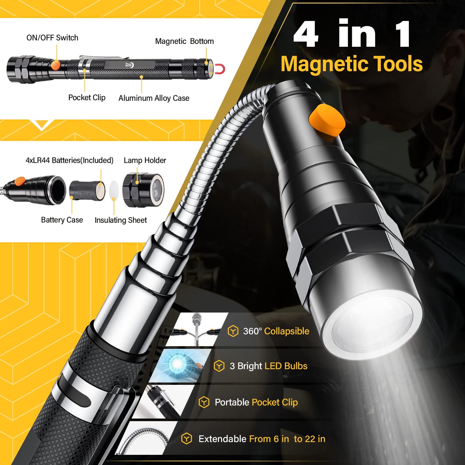 Dream Master Magnetic Pickup Tool Set LED Flashlight Mirror Telescoping 5Pc