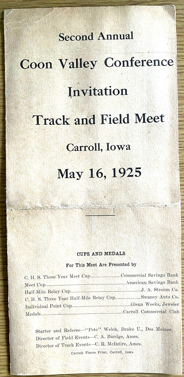 1925 COON VALLEY TRACK AND FIELD MEET antique sports program CARROLL, IOWA names