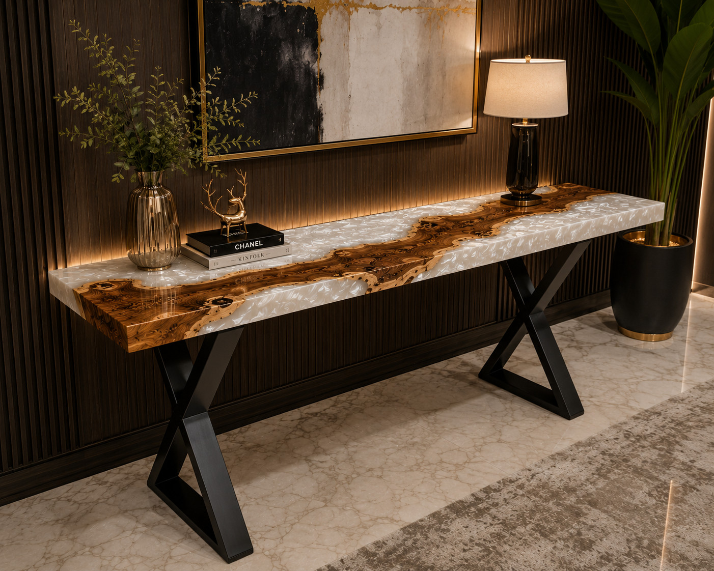 Handmade Live Edge Olive Wood & Pearl White Epoxy River Console TableModern