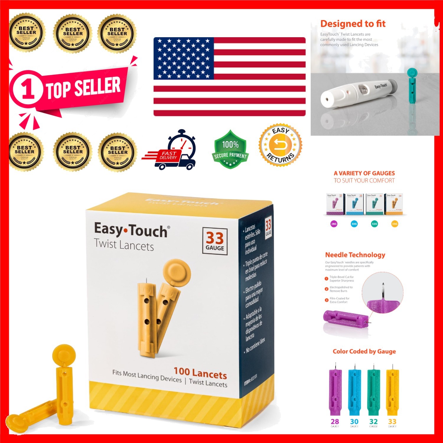 Twist Lancets 33G - 100 Sterile Individually Sealed for Pain-Free Testing