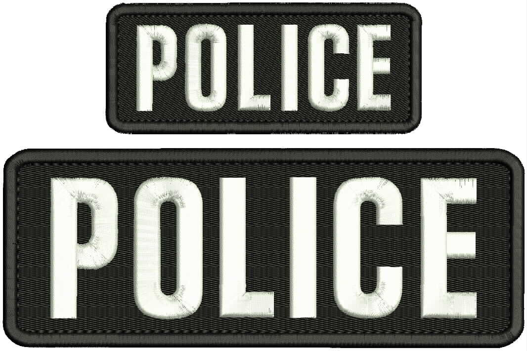 POLICE EMBROIDERY PATCH 3X8.5 AND 2X5 hook on back white on black