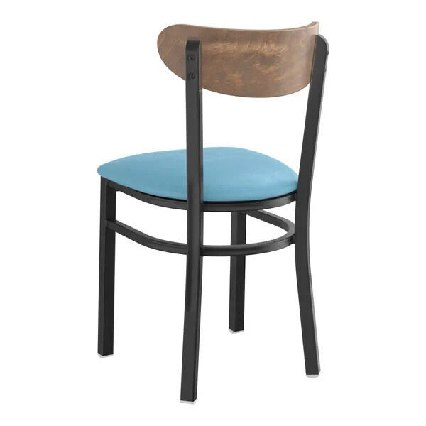 Boomerang Back Metal Dining Chairs with Blue Vinyl Seat and Vintage Wood Back