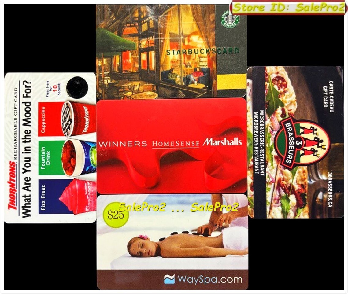 5x MARSHALLS WAYSPA BRASSEURS STARBUCKS THORNTONS SPA COLLECTIBLE GIFT CARD LOT