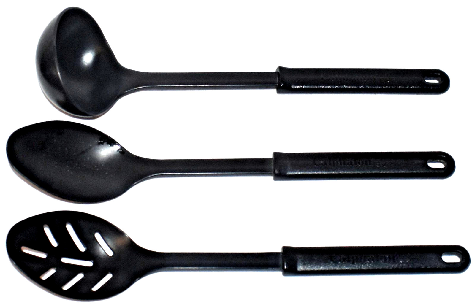 3 Calphalon Black Plastic Cooking Utenils Soup Ladle Slotted Spoon & Solid Spoon