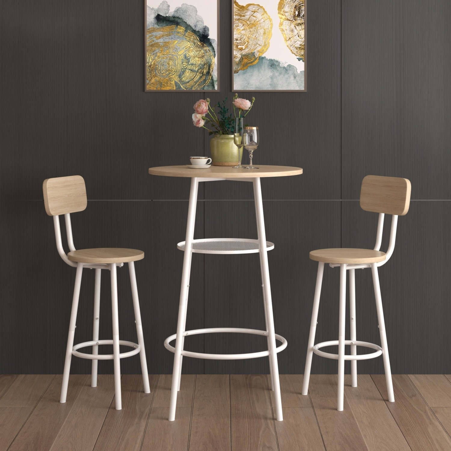 Modern 3 Piece Bar Table Set Counter Height Dining Kitchen Table w/ 2 Bar Stool
