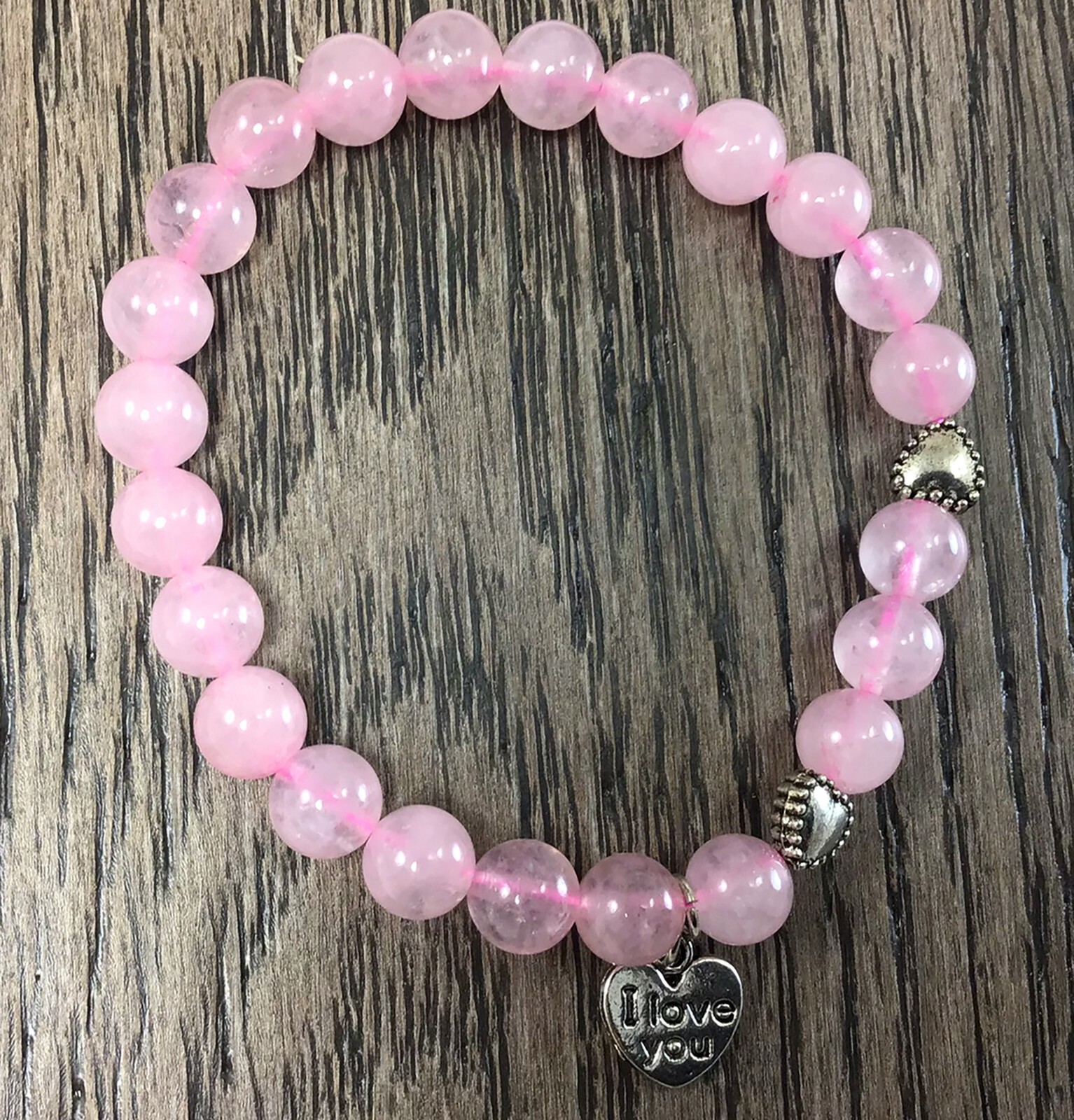 Rose quartz round beaded bracelet with heart pendant and l love you charm women
