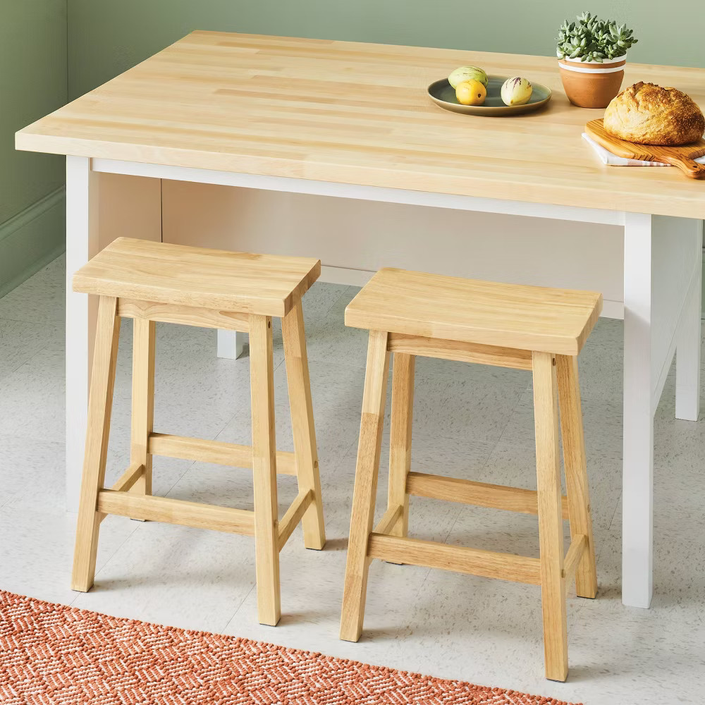 2pk 24" Solid Wood Saddle Counter Height Barstools Natural - Room Essentials