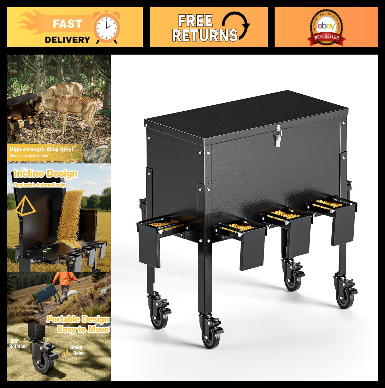 Heavy Duty 200 LBS Gravity Deer Feeder, Weatherproof Steel, 8 Feeding Ports, Loc