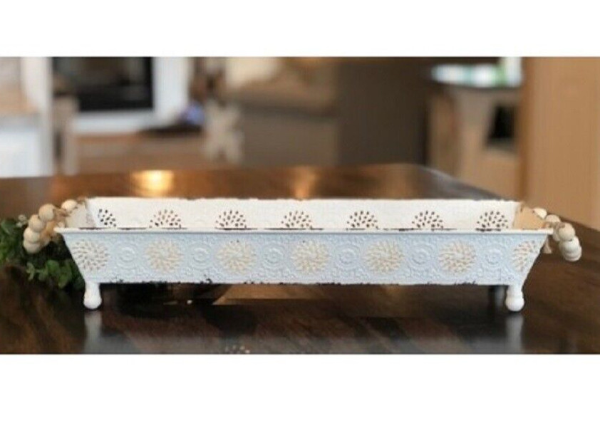 NEW Shabby WHITE TRAY Metal Cottage Bead Handles Tabletop Farmhouse 2.75"x15"x5"