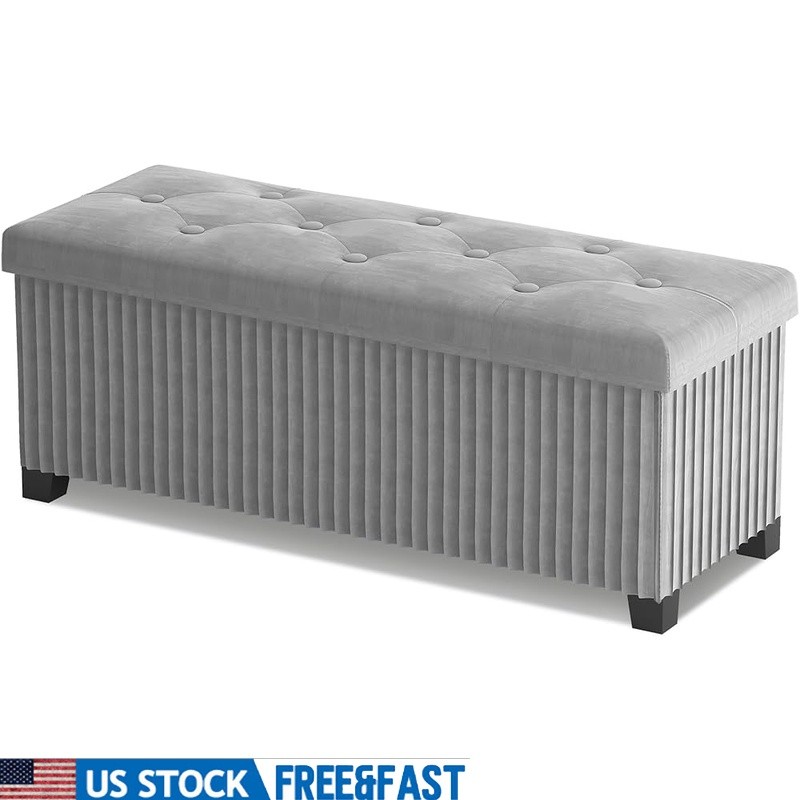 Comfortable Velvet Ottoman Storage Bench Multifunctional Footrest Easy Setup New