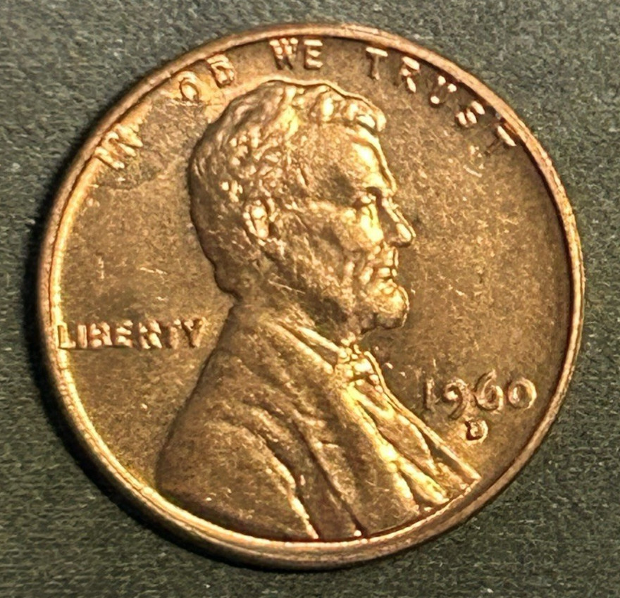 1960 D Lincoln Cent Struck Through Grease. Missing G in God.