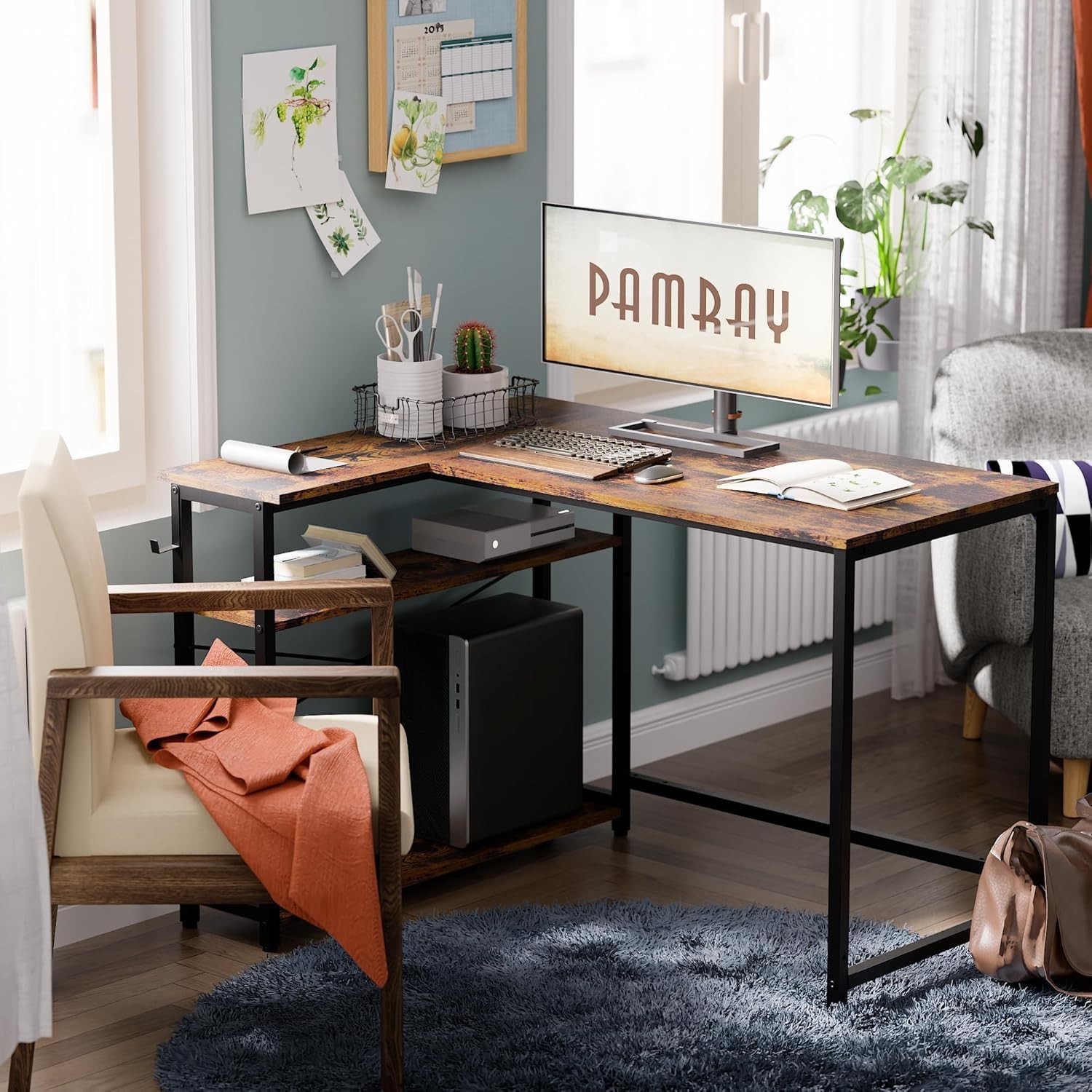 43 Inch L Shaped Computer Desk W/ Reversible Side Storage Shelves Small Corner