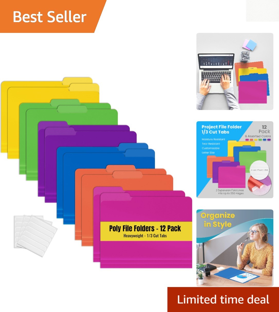 Heavy-Duty Assorted Color Poly File Folders - 12 Count, Easy View 1/3 Cut Tabs