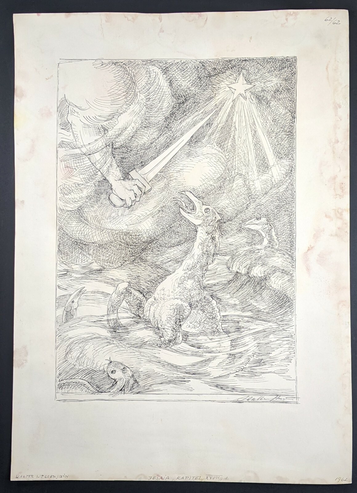 Walter Wellenstein, Isaiah, chapter, XXVII, 1, drawing, signed, dated, 1962