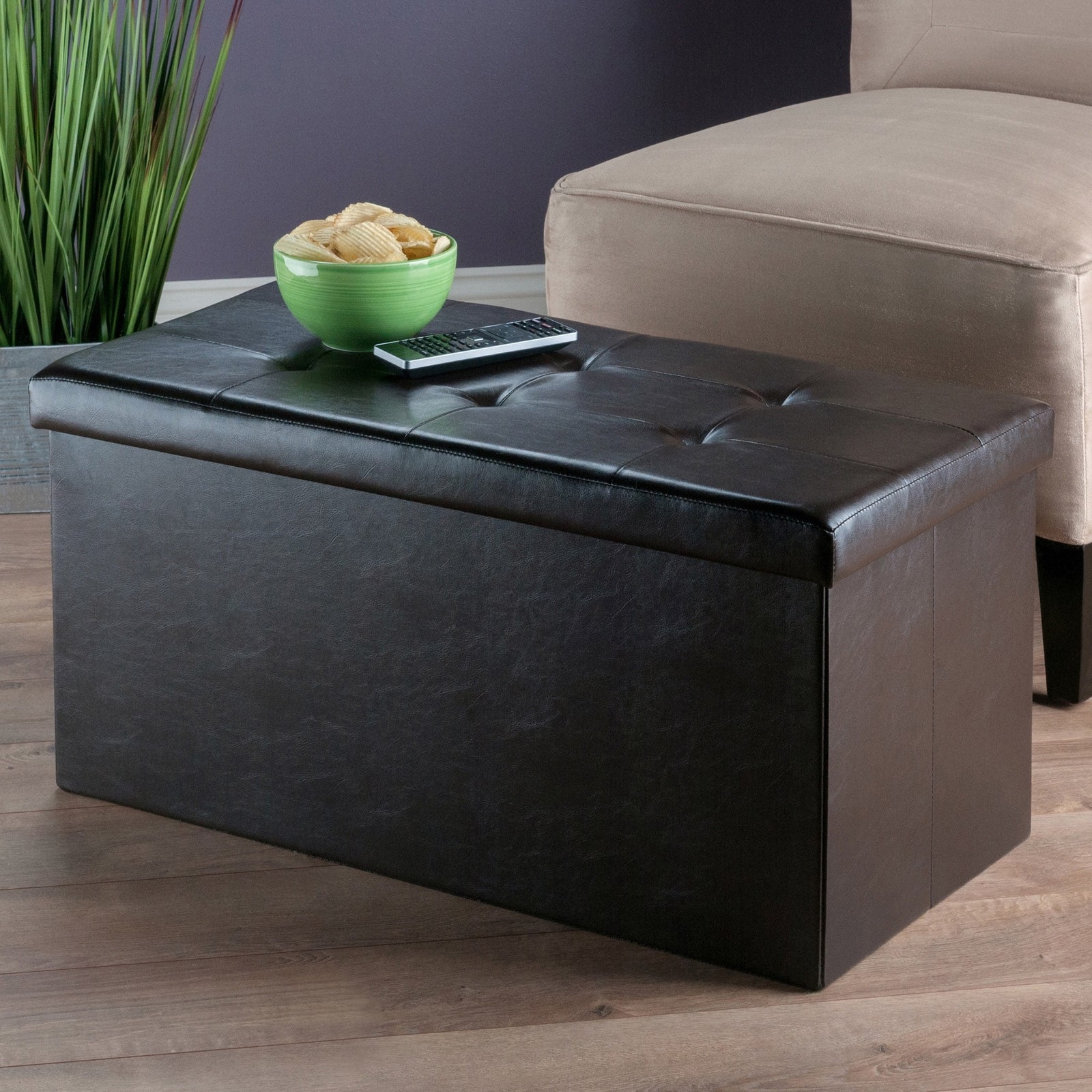 Wood Ashford Rectangular Storage Ottoman Black Faux Leather