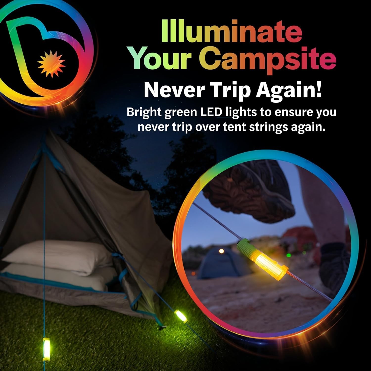 Brightz LED Tent String Lights - Keep Tent Guy-Lines Visible at Night - Campsite