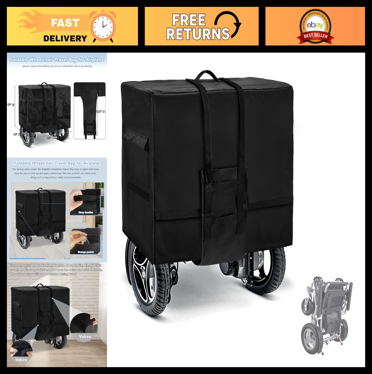 Foldable Wheelchair Travel Bag - Heavy Duty Waterproof Cover for Airplane, Porta