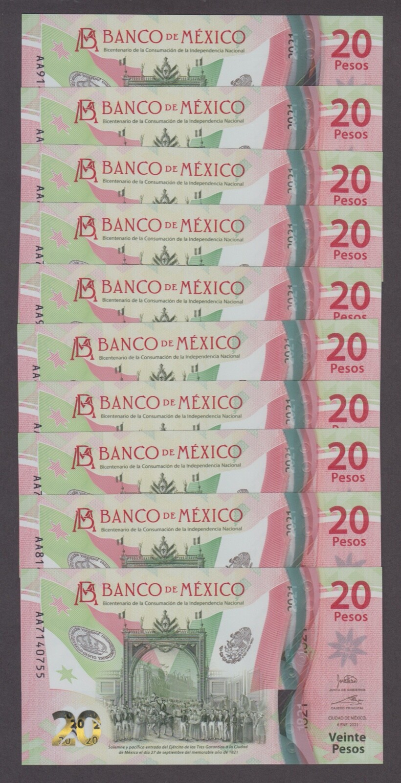 MEXICO P.NEW  20 PESOS 2021 SERIE AA LOT OF 10  UNC  WE COMBINE  YYY        2407