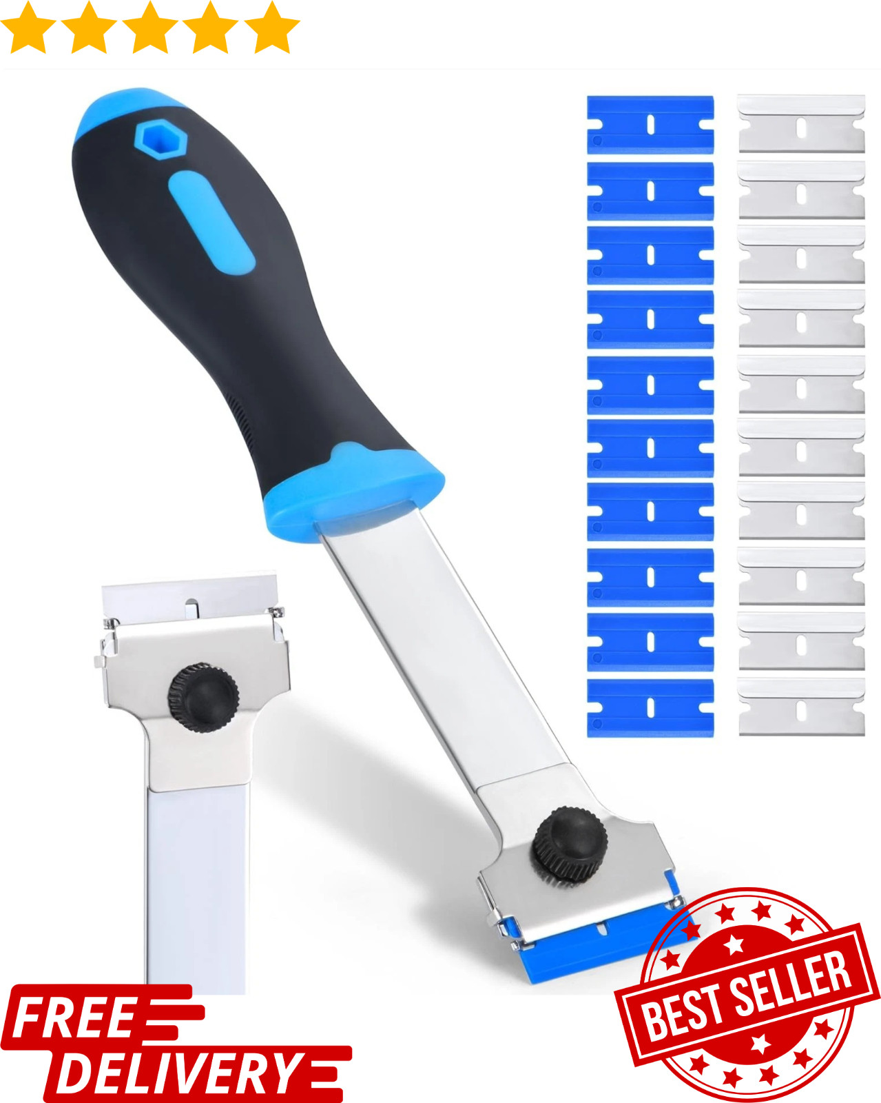 9.25" Razor Blade Scraper Tool W 10 Metal & 10 Plastic Blades Long Sticker Glass