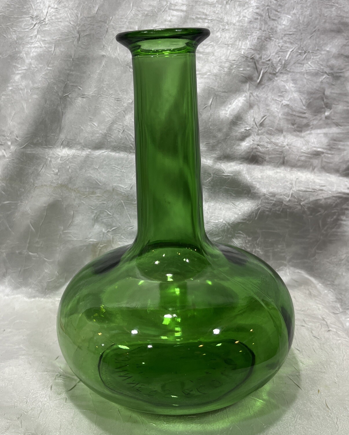 Vintage LJ McGuiness Green Glass Liquor Bottle 25oz-Empty  7.5” Tall Boho Genie
