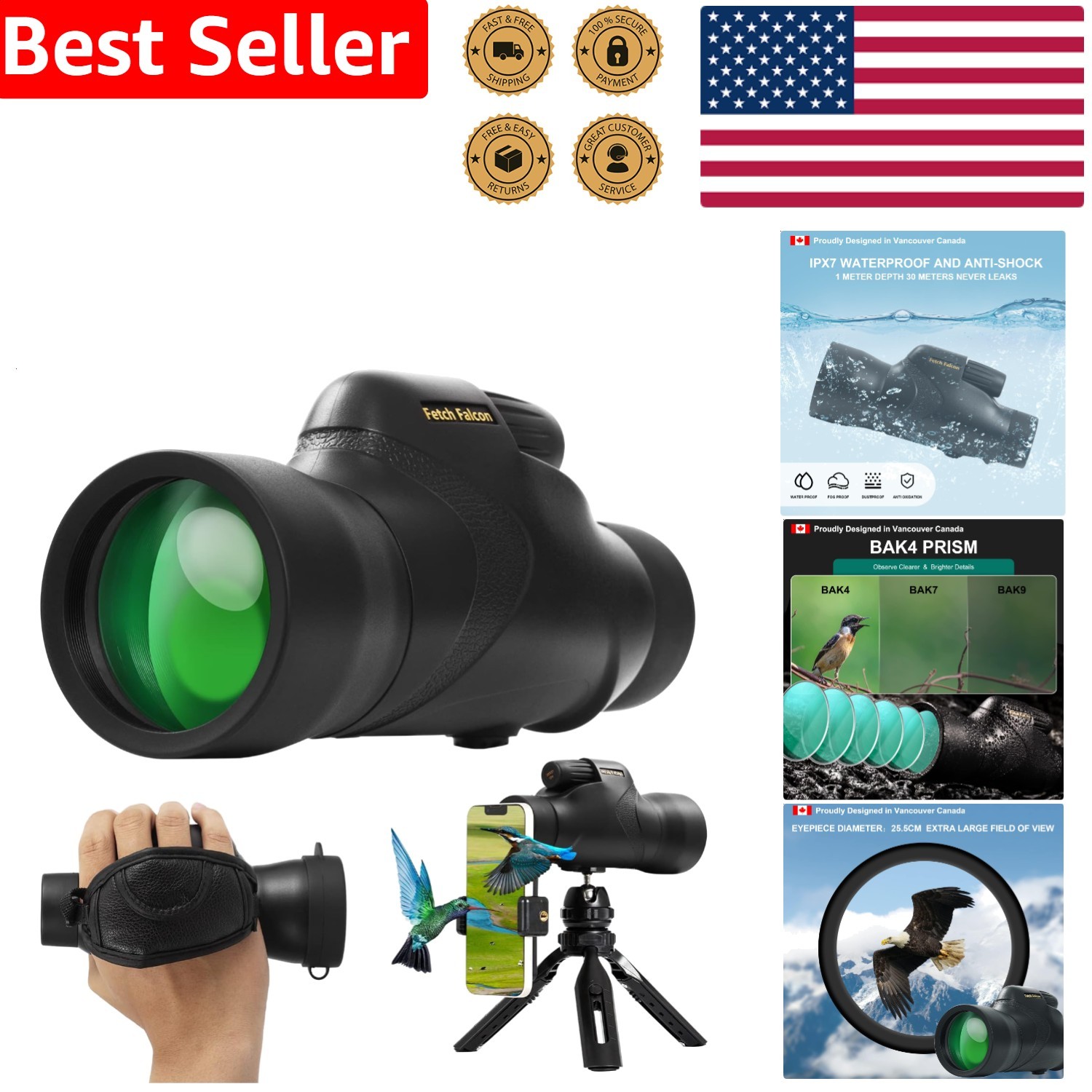 Fetch Falcon 12x50mm Waterproof Monocular, ED Glass, Fogproof, Tripod, Adapter