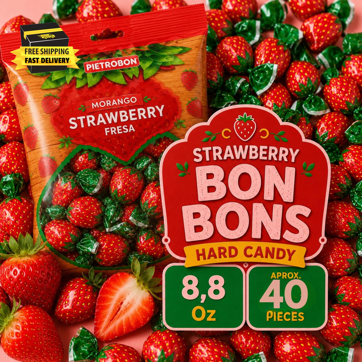 Strawberry Hard Candy 8.8 Oz Bag (Approx. 40 Count) – Individually Wrapped Old F