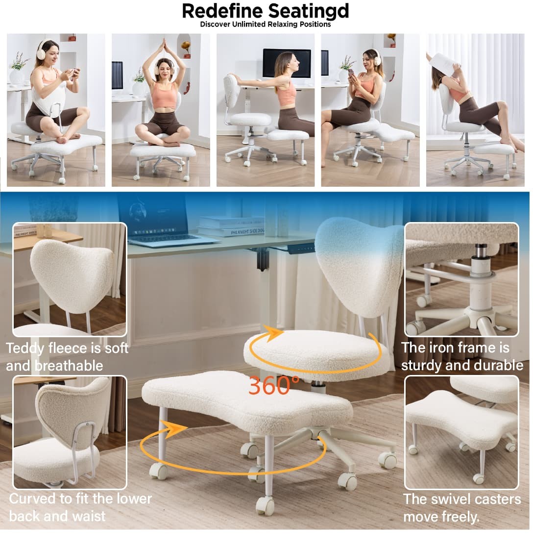 Beige Ergonomic Meditation Chair Cross Legged Seat with Lumbar Support forOffice