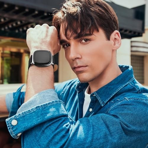 Leather Bands Compatible with Fitbit Versa 4 Bands/Fitbit Versa 3 Black