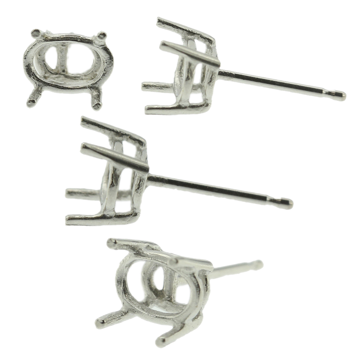 14k White Gold Oval Stud Earring Mounting Setting Push Back Post 4 Prong