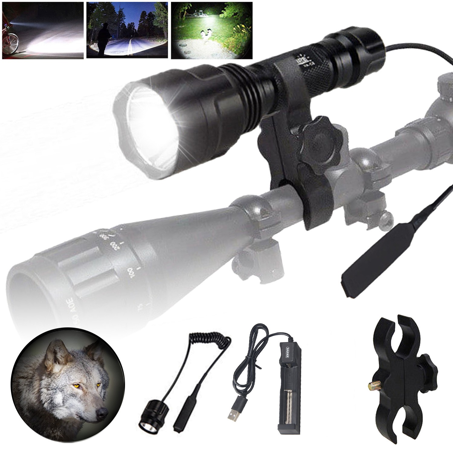 Rechargeable LED Flashlight 10000LM Hunting White Light Torch With Scope Mount