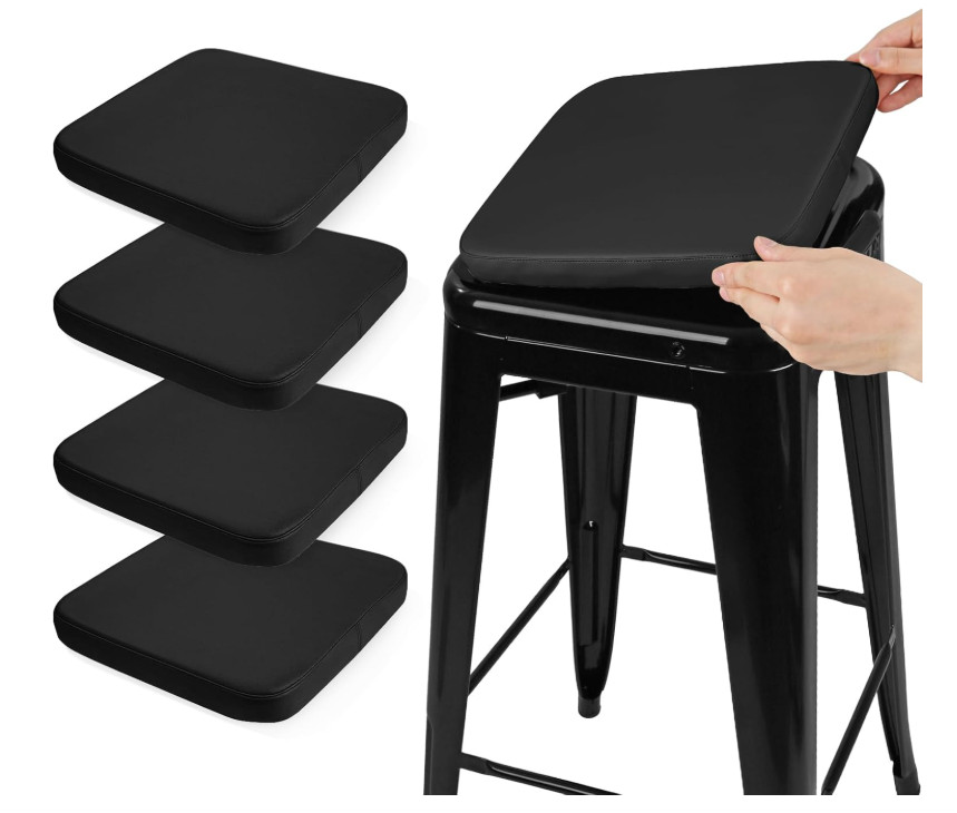 4 Pack Magnetic Faux Leather Bar Stool Cushions – Square Black Chair Pads
