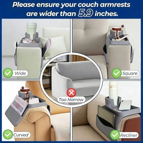 Silicone Couch Cup Holder Tray, 3-Side Sofa Armrest Organizer with Secure Grey