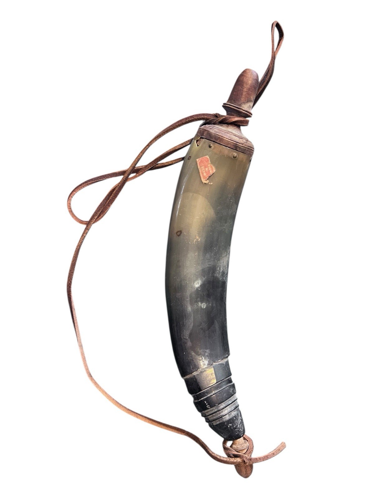 Vintage Powder Horn Wooden Ends Unmarked - Comes W/ Leather Strap Made In India